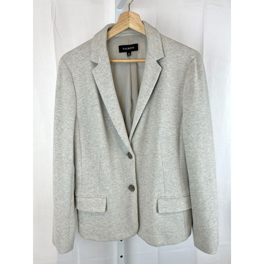 TALBOTS Two Button Blazer Jacket Cotton Blend Check Light Gray Size 14
